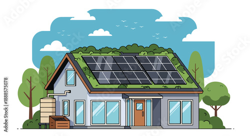 Eco-friendly house with solar panels and green roof, flat vector illustration showing sustainable architecture and modern living