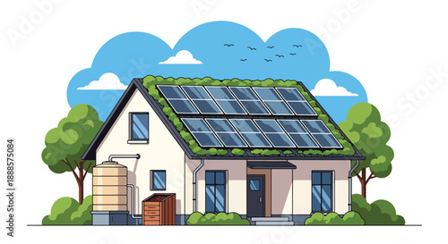Eco-friendly house with solar panels and green roof, flat vector illustration showing sustainable architecture and modern living