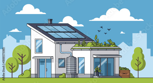 Eco-friendly house with solar panels and green roof, flat vector illustration showing sustainable architecture and modern living