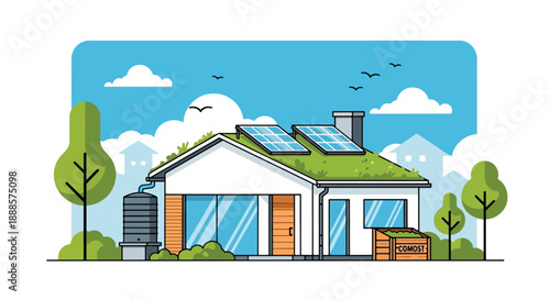 Eco-friendly house with solar panels and green roof, flat vector illustration showing sustainable architecture and modern living