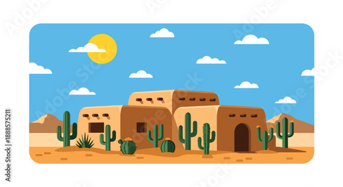 Desert adobe house with cactus garden and mountains, modern flat vector style showing warm climate residential architecture