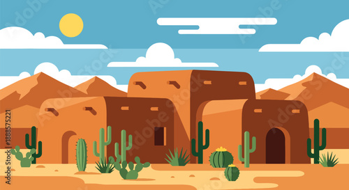 Desert adobe house with cactus garden and mountains, modern flat vector style showing warm climate residential architecture