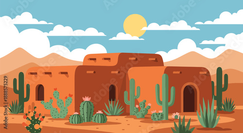 Desert adobe house with cactus garden and mountains, modern flat vector style showing warm climate residential architecture