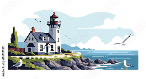 Coastal lighthouse-style home near rocky shore, flat vector illustration showing maritime architecture and seaside lifestyle