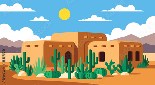 Desert adobe house with cactus garden and mountains, modern flat vector style showing warm climate residential architecture