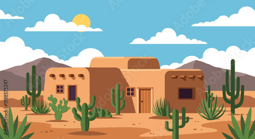 Desert adobe house with cactus garden and mountains, modern flat vector style showing warm climate residential architecture