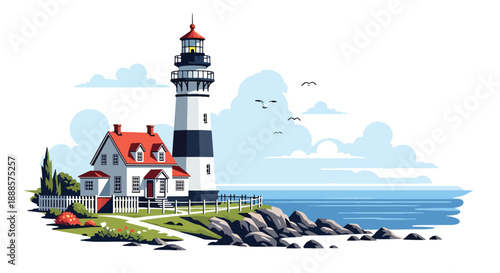 Coastal lighthouse-style home near rocky shore, flat vector illustration showing maritime architecture and seaside lifestyle
