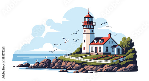 Coastal lighthouse-style home near rocky shore, flat vector illustration showing maritime architecture and seaside lifestyle