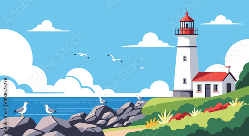 Coastal lighthouse-style home near rocky shore, flat vector illustration showing maritime architecture and seaside lifestyle