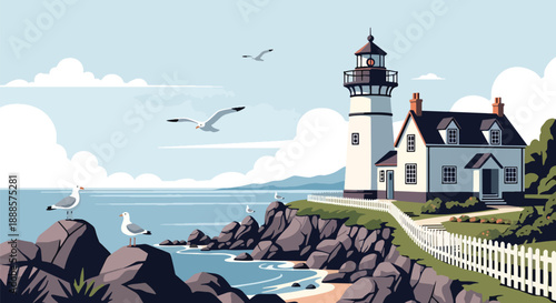 Coastal lighthouse-style home near rocky shore, flat vector illustration showing maritime architecture and seaside lifestyle