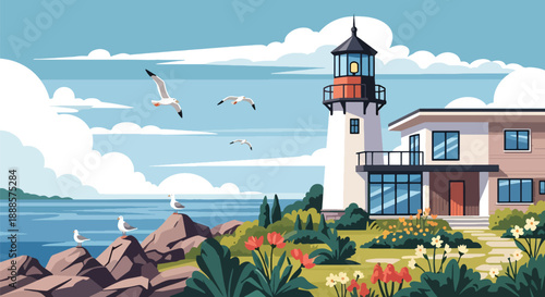 Coastal lighthouse-style home near rocky shore, flat vector illustration showing maritime architecture and seaside lifestyle