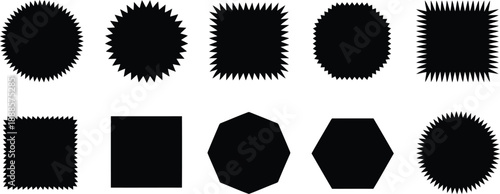 Collection of black spiky shapes with various geometric forms on a clean white background