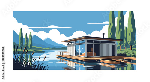 Floating house on a calm lake with wooden deck, modern flat vector illustration showing innovative residential architecture