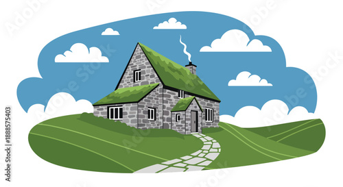 Stone house in highland landscape with sheep and hills, flat vector illustration showing traditional mountain architecture