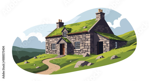 Stone house in highland landscape with sheep and hills, flat vector illustration showing traditional mountain architecture