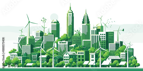 Eco-friendly green cityscape vector with sustainable buildings, wind turbines, solar panels, trees, and modern urban design
