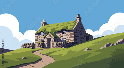 Stone house in highland landscape with sheep and hills, flat vector illustration showing traditional mountain architecture