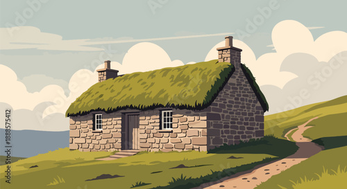 Stone house in highland landscape with sheep and hills, flat vector illustration showing traditional mountain architecture
