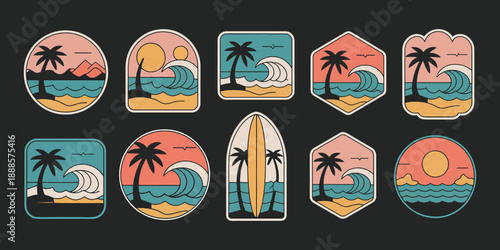Retro Tropical Beach Scene Patches with Palm Trees and Waves vector