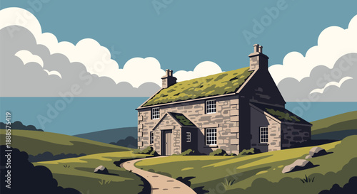Stone house in highland landscape with sheep and hills, flat vector illustration showing traditional mountain architecture