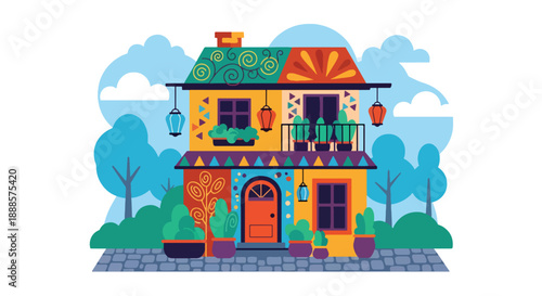 Colorful bohemian house with decorative elements, modern flat vector illustration showing creative residential architecture
