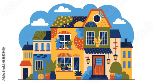 Colorful bohemian house with decorative elements, modern flat vector illustration showing creative residential architecture