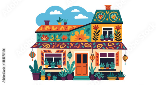 Colorful bohemian house with decorative elements, modern flat vector illustration showing creative residential architecture