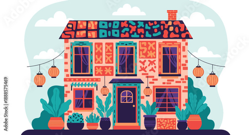 Colorful bohemian house with decorative elements, modern flat vector illustration showing creative residential architecture
