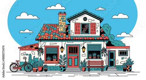 Colorful bohemian house with decorative elements, modern flat vector illustration showing creative residential architecture