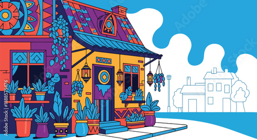 Colorful bohemian house with decorative elements, modern flat vector illustration showing creative residential architecture