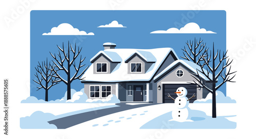 Snow-covered suburban house with snowman and trees, flat vector illustration showing winter residential lifestyle