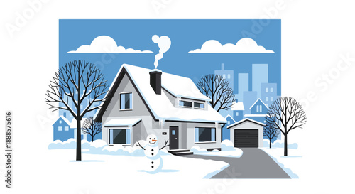 Snow-covered suburban house with snowman and trees, flat vector illustration showing winter residential lifestyle