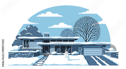 Snow-covered suburban house with snowman and trees, flat vector illustration showing winter residential lifestyle