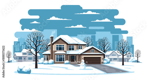 Snow-covered suburban house with snowman and trees, flat vector illustration showing winter residential lifestyle