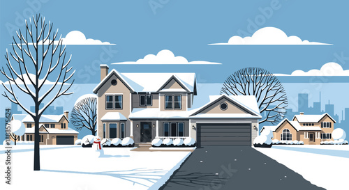 Snow-covered suburban house with snowman and trees, flat vector illustration showing winter residential lifestyle