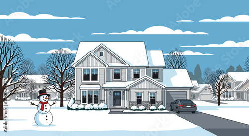 Snow-covered suburban house with snowman and trees, flat vector illustration showing winter residential lifestyle