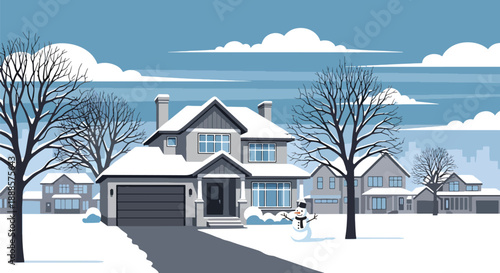 Snow-covered suburban house with snowman and trees, flat vector illustration showing winter residential lifestyle