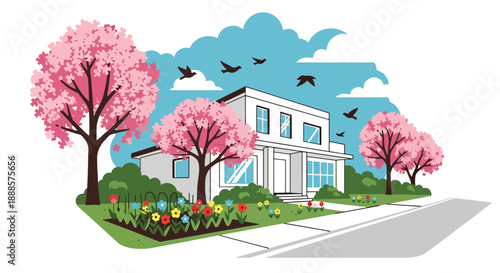 House with blooming trees and garden in spring, flat vector illustration showing fresh residential lifestyle and seasonal beauty