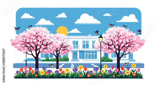 House with blooming trees and garden in spring, flat vector illustration showing fresh residential lifestyle and seasonal beauty