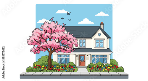 House with blooming trees and garden in spring, flat vector illustration showing fresh residential lifestyle and seasonal beauty