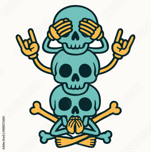   
Stacked Skulls with Rock Gesture and Covered Eyes, Ears, Mouth – See No Evil Concept Illustration