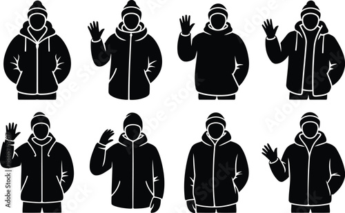 Collection of eight outlined figures in warm hooded jackets and beanies waving or standing calmly