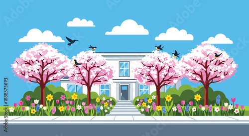 House with blooming trees and garden in spring, flat vector illustration showing fresh residential lifestyle and seasonal beauty