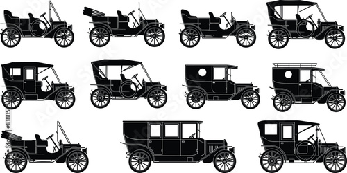 Set of black vintage car silhouettes featuring various antique automobiles and classic horseless carriages from the early twentieth century for historical transportation design projects