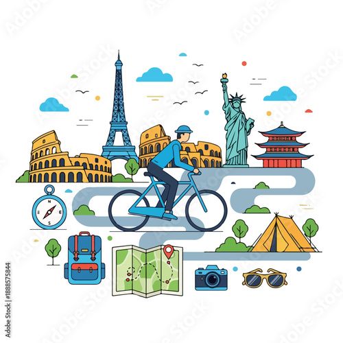 A man riding a bicycle surrounded by famous landmarks and travel accessories in a colorful digital illustration. Perfect for travel brochures, tourism websites, and adventure magazines.