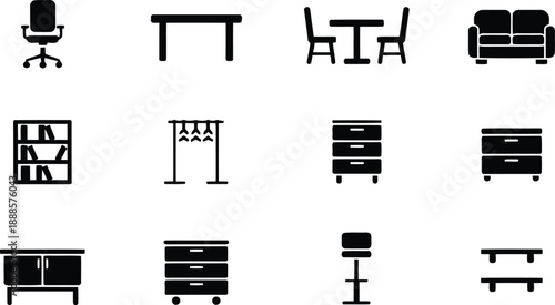 Collection of various furniture item silhouette icons including chairs tables and storage units