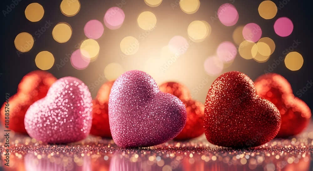 Fototapeta premium Glittering Pink Hearts with Golden Bokeh Lights Romantic Background