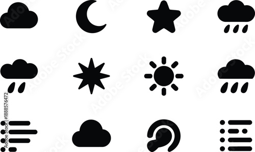 Diverse collection of black weather and user interface icons including an ear symbol on a clean white surface
