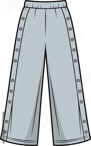 Flat of light grey wide-leg pants featuring a full-length snap button closure along the outer seams and an elastic waistband