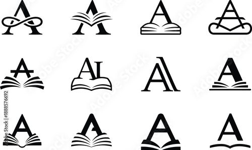 Diverse collection of stylized letter A logos featuring open books and educational scroll elements